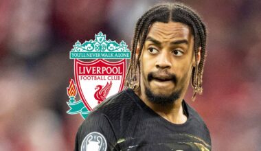 PSG star Bradley Barcola next to the Liverpool badge
