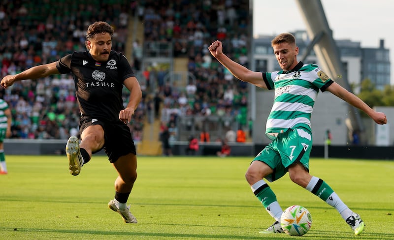 UEFA Champions League Second Qualifying Round Second Leg, Tallaght Stadium, Dublin 28/7/2026
Shamrock Rovers vs Ararat Armenia
Shamrock Rovers' Dylan Watts and Hugo Oliveira of Ararat Armenia 
Mandatory Credit ©INPHO/Ryan Byrne