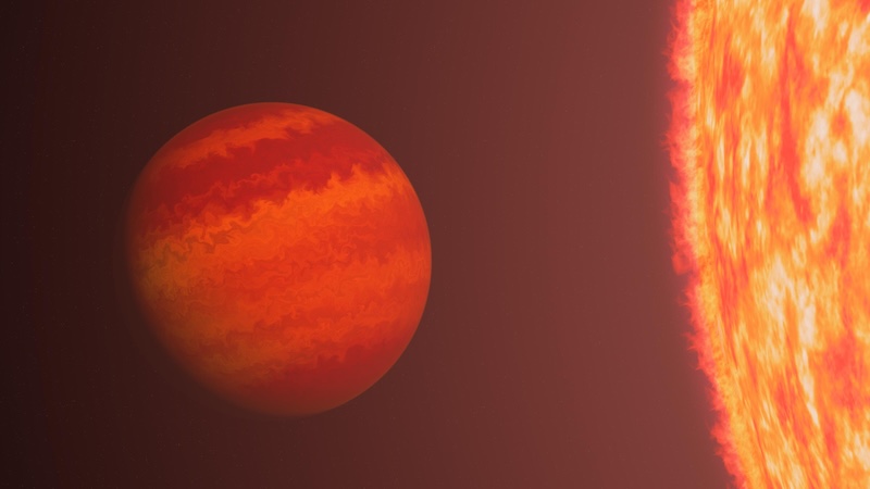 Phoenix; exoplanet: Reddish sphere with horizontal bands near edge of larger bright molten-looking sphere.