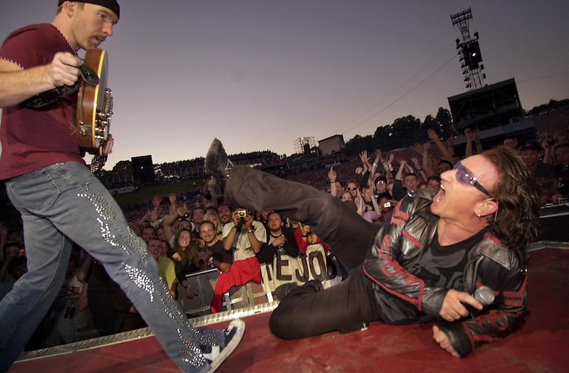 Bono and The Edge performing at Slane in 2001. Photograph: Dara Mac Dónaill