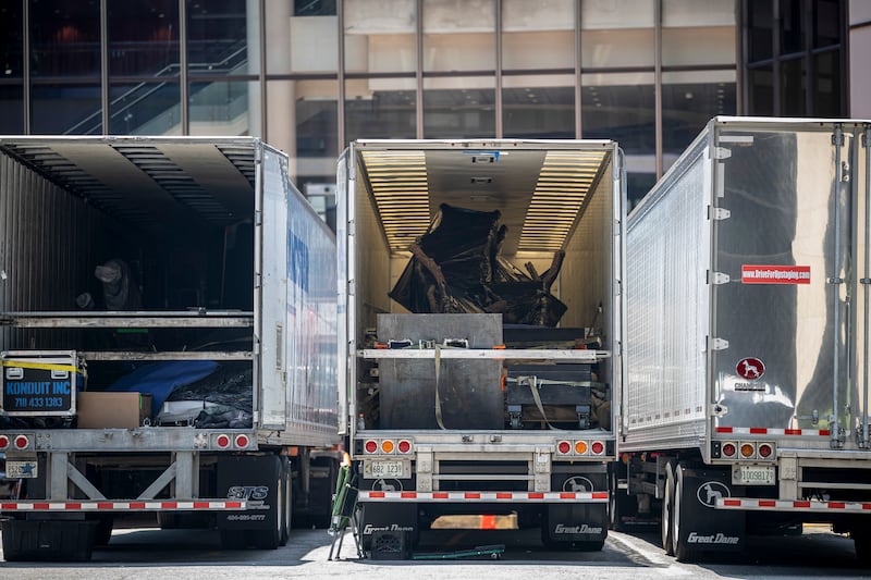Trucks loaded with décor ahead of the private wedding of Taylor Swift and Travis Kelce at Madison Square Garden in New York. Photograph: Dave Sanders/New York Times