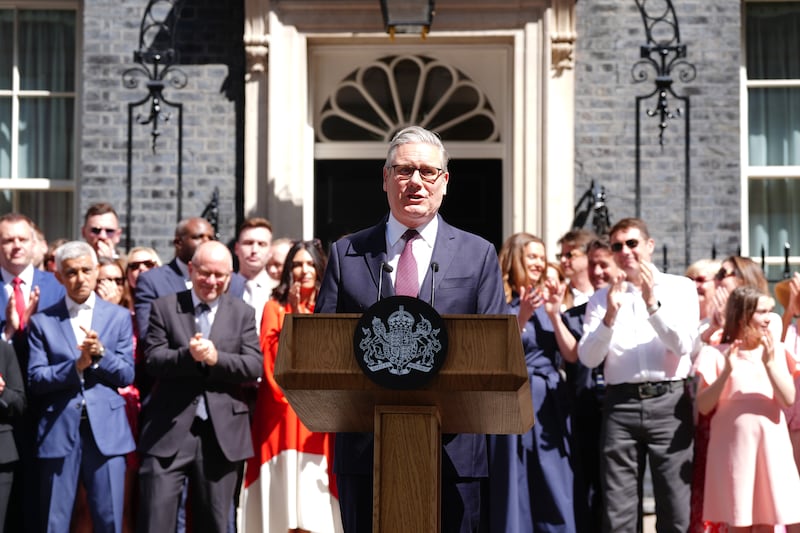 Outgoing prime minister Keir Starmer issues a statement outside 10 Downing Street ahead of the arrival of new prime minister Andy Burnham. Photograph: Stefan Rousseau/PA Wire