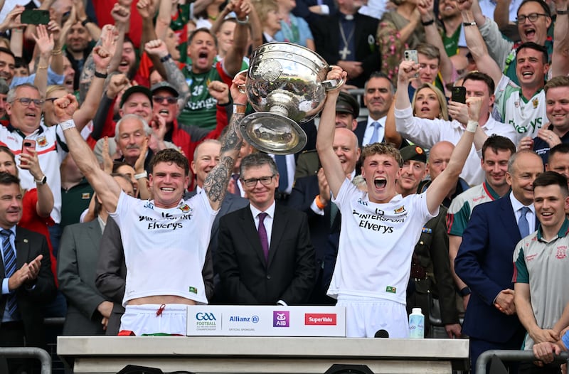 Saturday 26 th July 2026
Mayo  Jordan Flynn and Kobe McDonald holds aloft the Sam Maguire cup after the All Ireland Senior Football final . Kerry and Mayo Sam Maguire final at Croke Park, Dublin,. Picture Oliver McVeigh