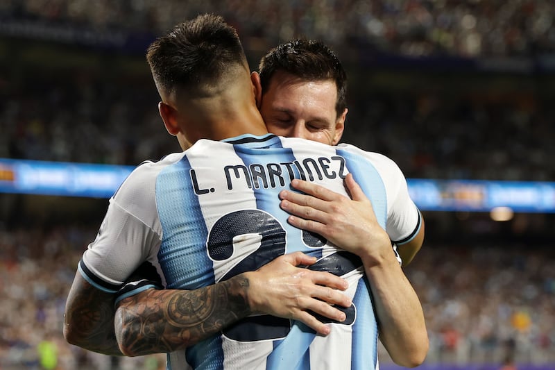 Lautaro Martinez of Argentina celebrates with teammate Lionel Messi after scoring the 3-1 goal during the Fifa World Cup 2026 quarter-final between Argentina and Switzerland in Kansas City, Missouri, USA, on 11 July 2026. Photograph: Christopher Neundorf/EPA.