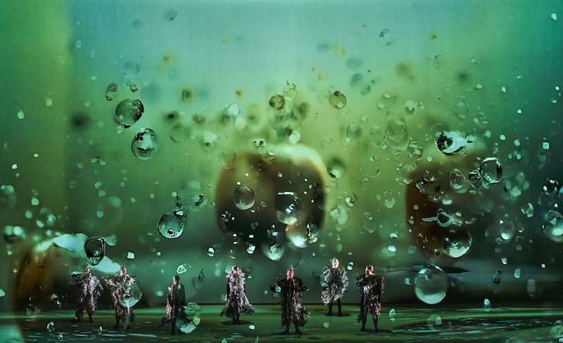 Bayreuth’s ‘Das Rheingold’. The Wagner family’s belated reflections on the real cost of human stupidity attracted more praise in Bayreuth than the onstage AI-generated backdrops of this year’s new Ring tetralogy. Photograph: Bayreuther Festspiele / Enrico Nawrath