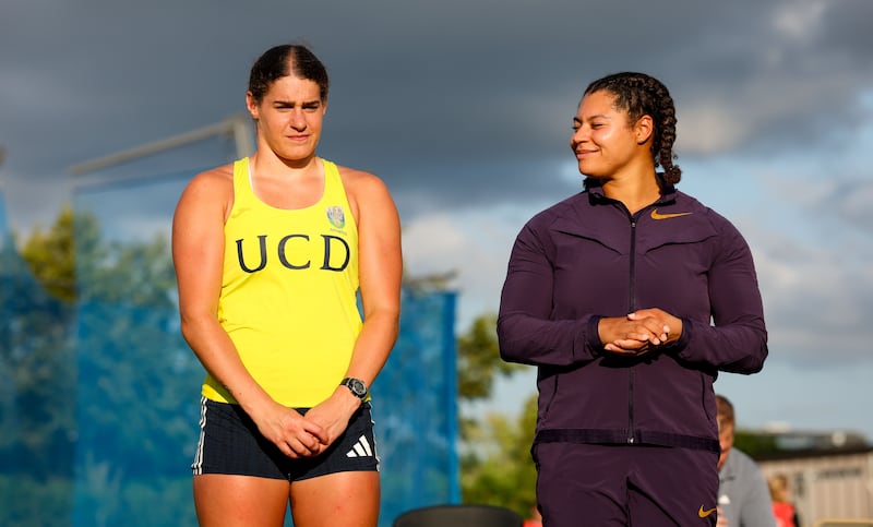 Ireland’s Nicola Tuthill alongside Canada's Carmen Rogers of Canada after the women's hammer event. Photograph: Nick Elliott/Inpho