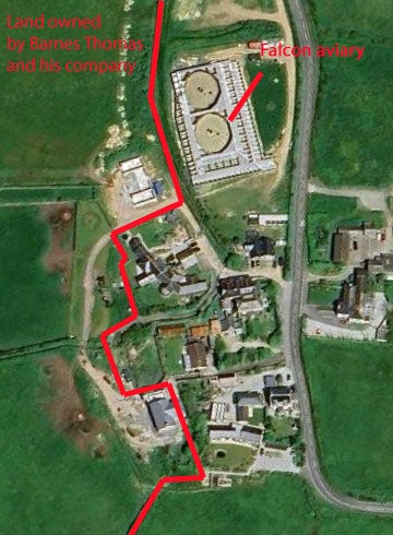 An aerial image showing the location of the dispute between Barnes Thomas and falcon breeding brothers Scott and Martin Nicholas