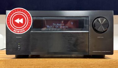 Denon AVR on table with Rewind logo
