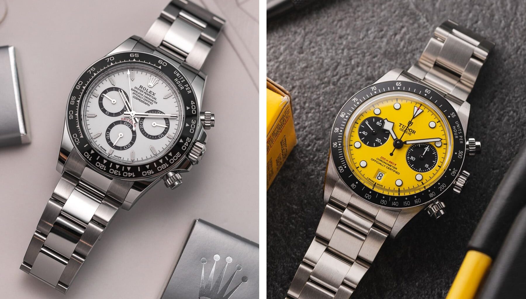 Tudor Black Bay Chrono 39 vs. Rolex Cosmograph Daytona collage