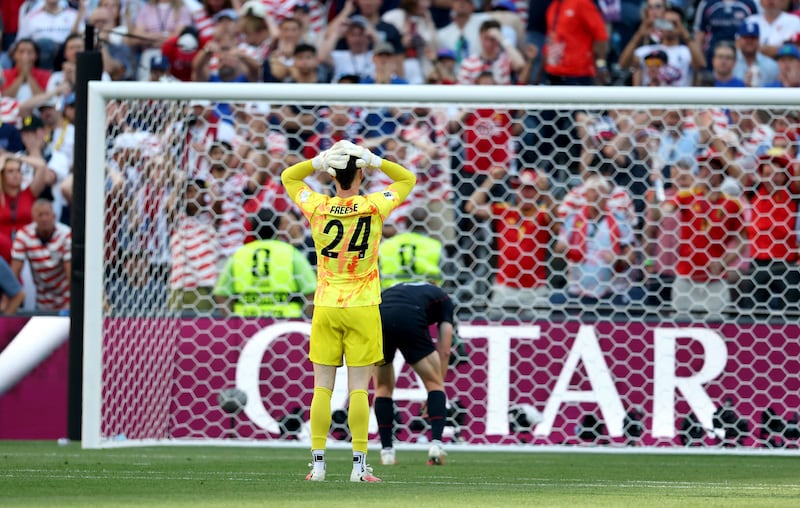 Goalkeeper Matt Freese watches the ball trickle into his net for Belgium's third after a major error, effectively knocking out the US. Photograph: Christopher Torres/EPA - European Pressphoto Agency