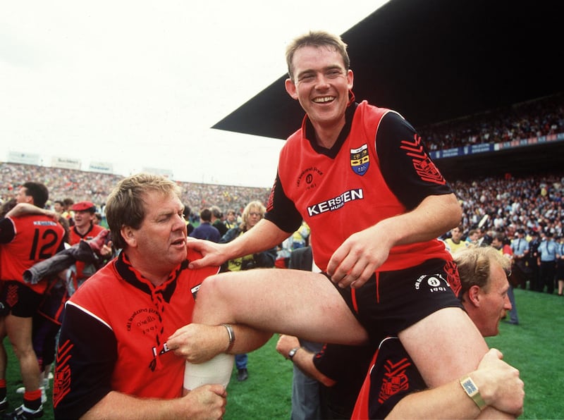 Down’s Paul Higgins celebrates after the 1991 All-Ireland football final in Croke Park. Photograph: Billy Stickland/Inpho