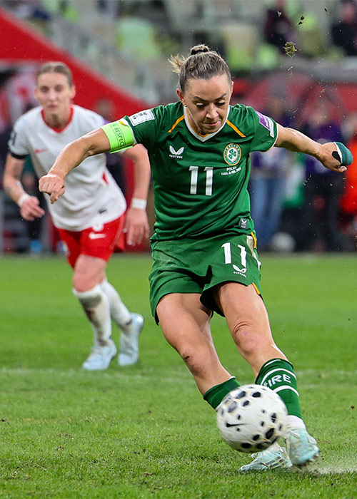 Katie McCabe of Republic of Ireland misses a penalty during the 2027 FIFA Women's World Cup Qualifier match between Poland and Republic of Ireland. Pic: Jakub Piasecki/Sportsfile