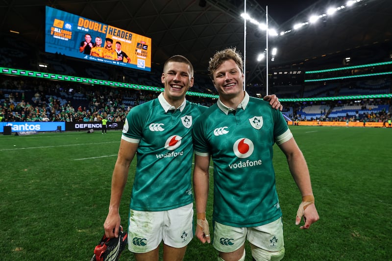 Ireland's Sam Prendergast and Cian Prendergast celebrate after the match. Photograph: Ben Brady/Inpho