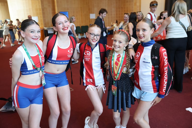 (L-r) Poppie, Holly, Hope, Millie and Ariana from Berkshire Dance Academy at the Dance World Cup in the Convention Centre Dublin. Photograph: Dara Mac Dónaill/The Irish Times