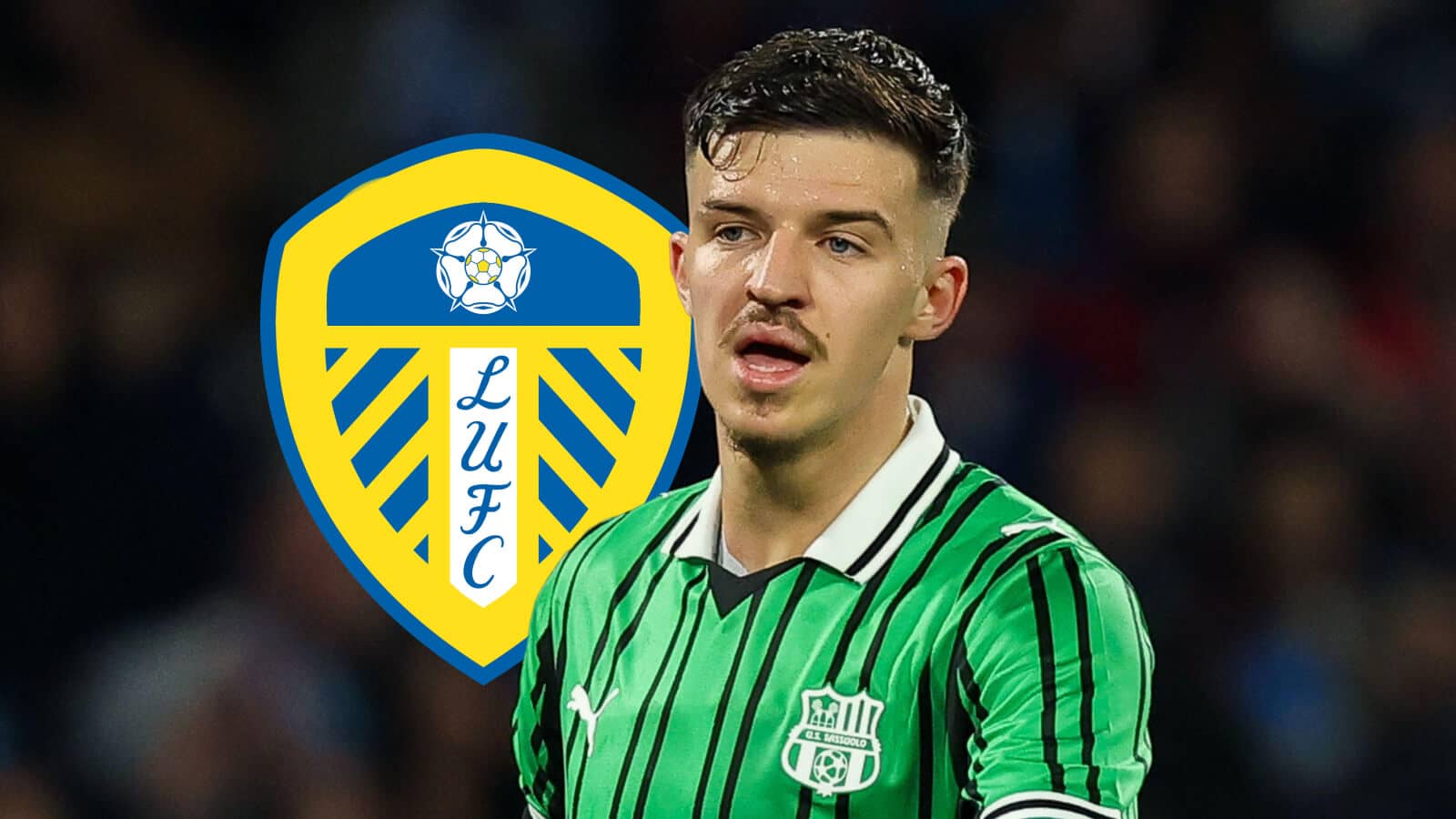 Sassuolo defender Tarik Muharemovic next to the Leeds United badge