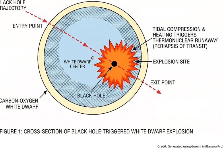 Schematic Illustration of a Primordial Black Hole Passing Through a White Dwarf