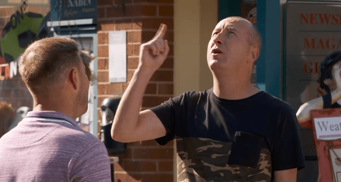 Kirk World Cup Kirk points up at the sky in a scene from Coronation Street