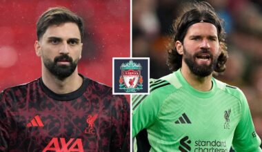 Split image of Giorgi Mamardashvili and Alisson with the Liverpool badge in between - copyright TEAMtalk