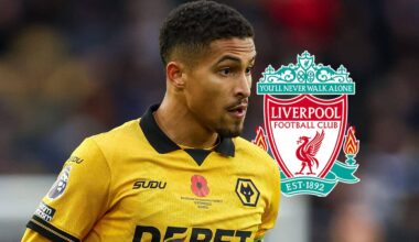 Wolves midfielder Joao Gomes next to the Liverpool badge - copyright TEAMtalk