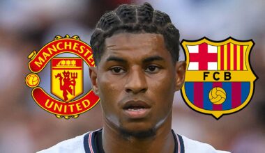 Manchester United badge, Marcus Rashford and Barcelona badge - copyright TEAMtalk