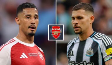 Arsenal's William Saliba and Newcastle United captain Bruno Guimaraes, either side of an Arsenal badge