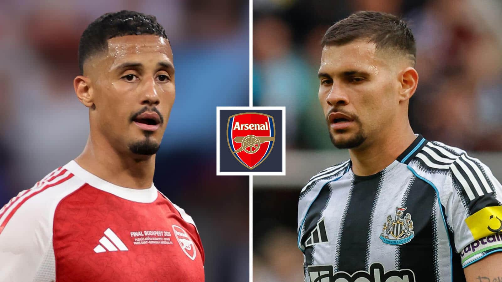 Arsenal's William Saliba and Newcastle United captain Bruno Guimaraes, either side of an Arsenal badge