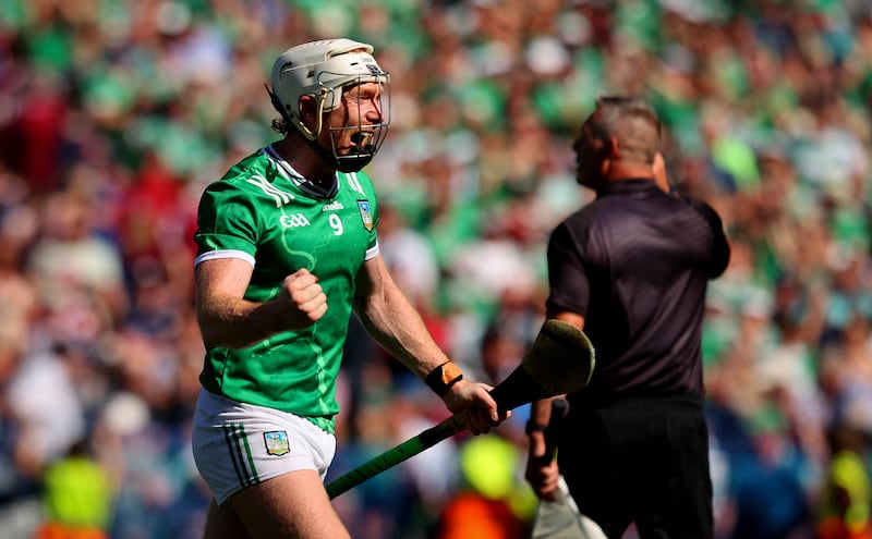 Limerick's Cian Lynch celebrates after the final whistle. Photograph: Ryan Byrne/Inpho