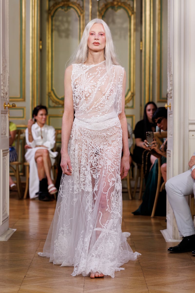 The Carrickmacross lace dress by Michael Stewart for his debut collection Standing Ground. Photograph: Ik Aldama
