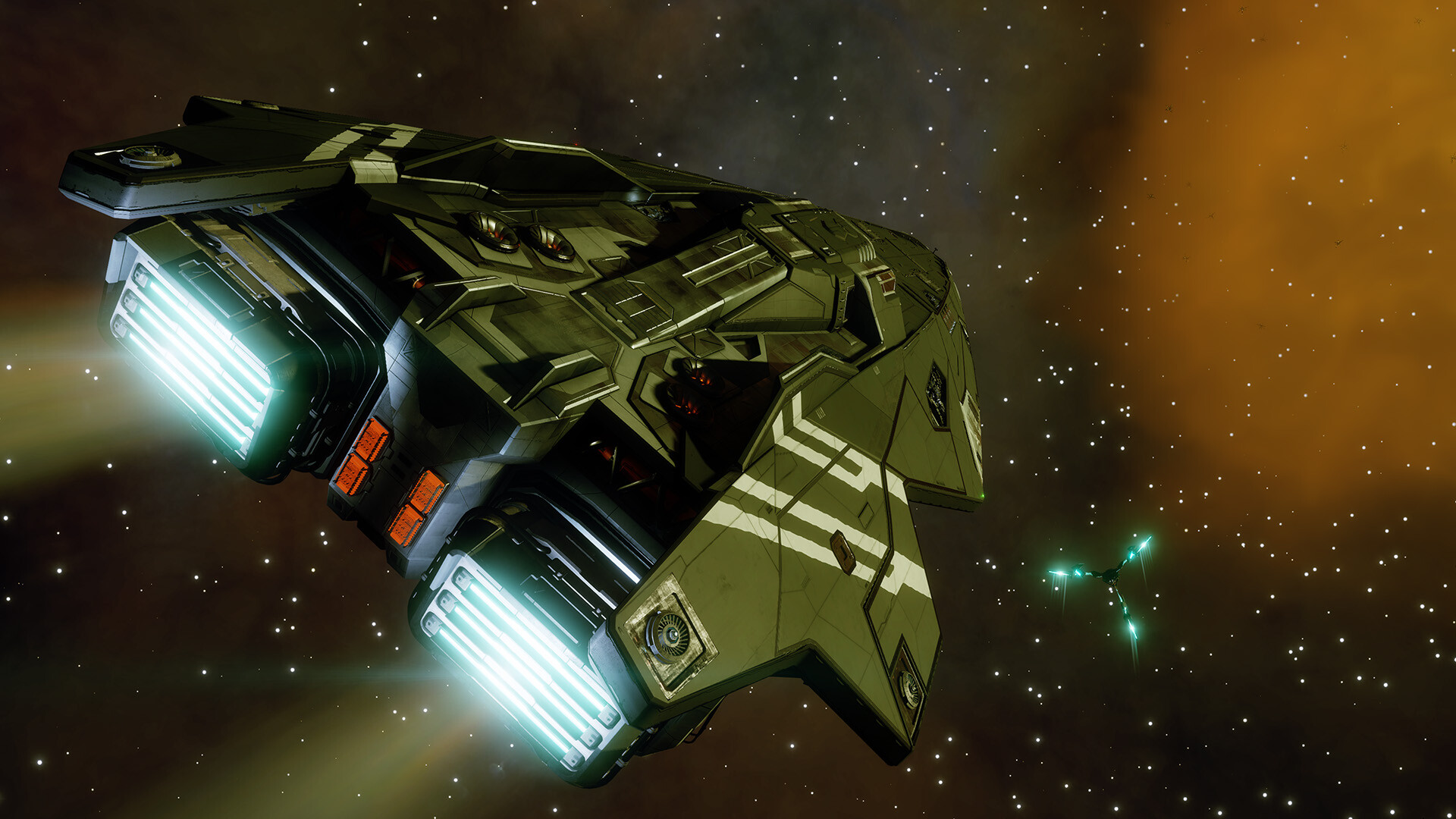 Screenshot from the space exploration game Elite Dangerous showing a spaceship pursuing another in deep space.