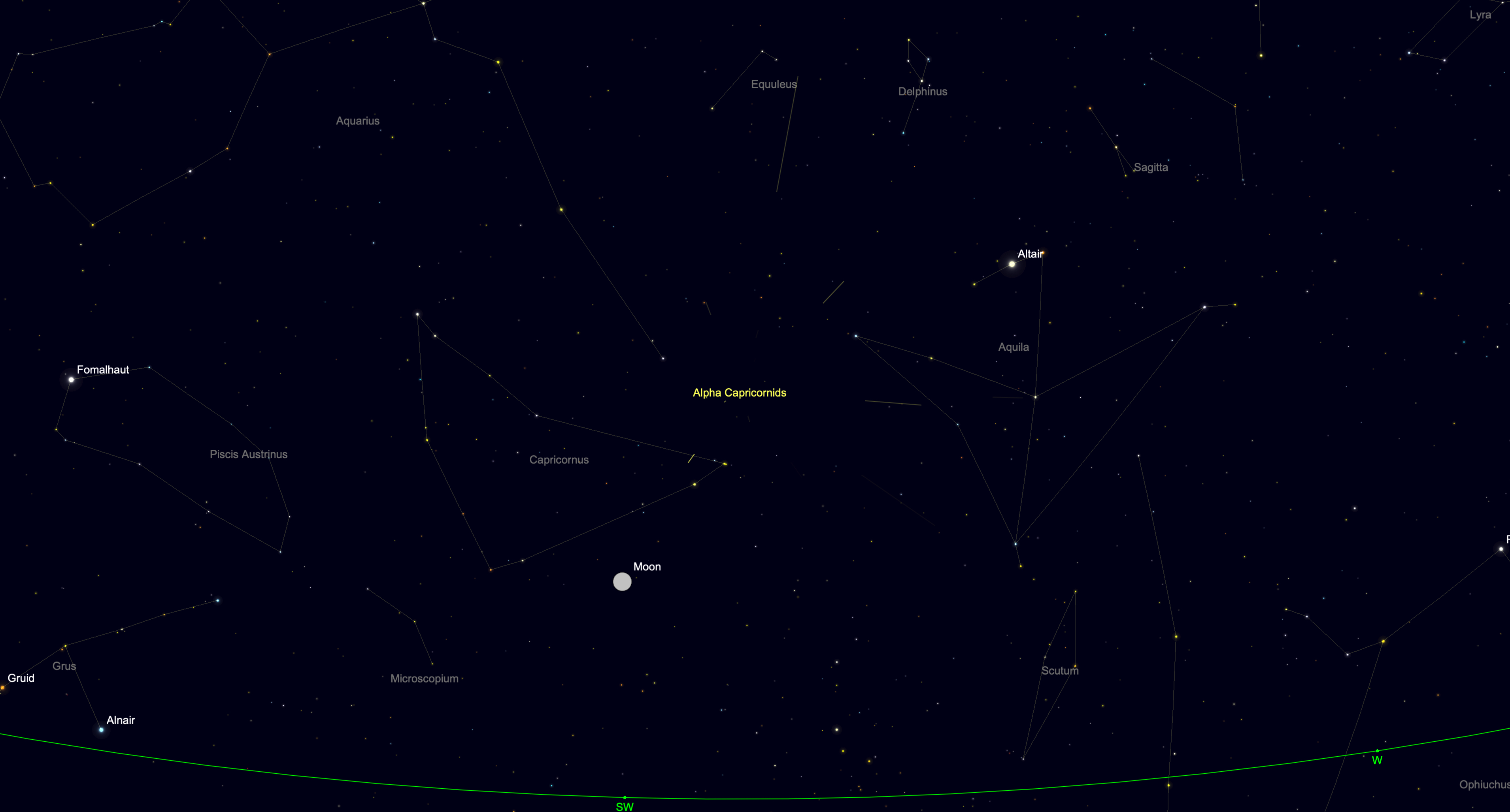 Star chart showing the Alpha Capricornid meteor shower radiant in Capricornus with the waning gibbous moon nearby.