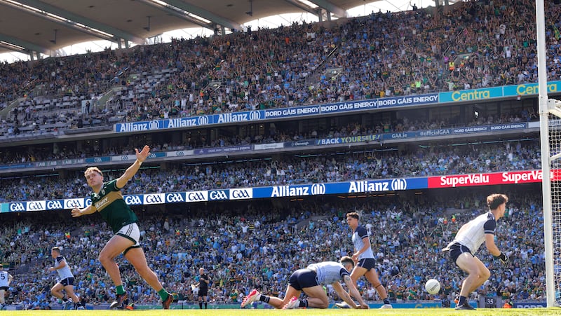 Kerry's David Clifford celebrates scoring his side's first goal of the All-Ireland SFC semi-final match between Dublin and Kerry at Croke Park on July 12th. Photograph: James Crombie/Inpho