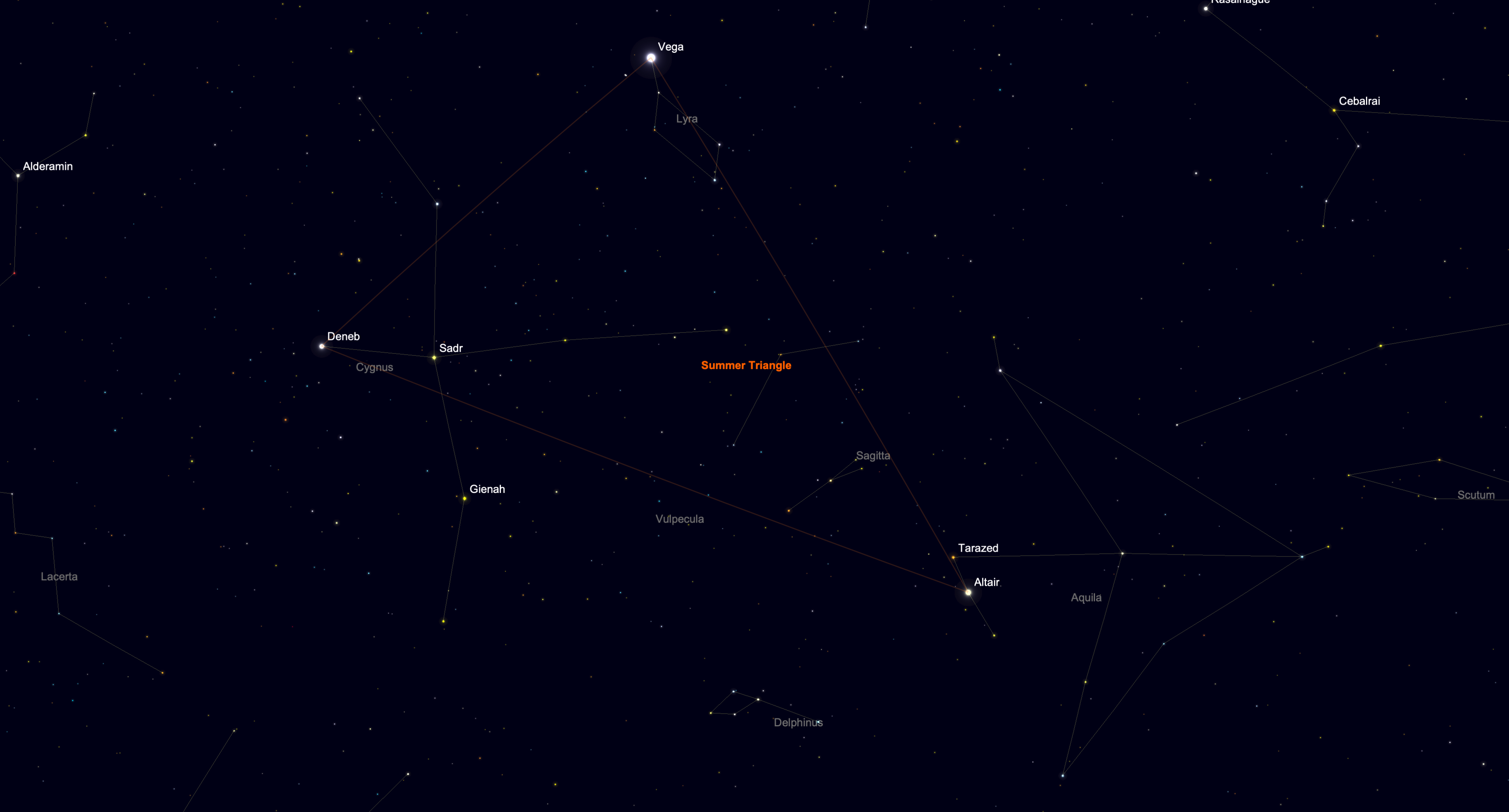 Star chart highlighting the Summer Triangle formed by Vega, Deneb and Altair.