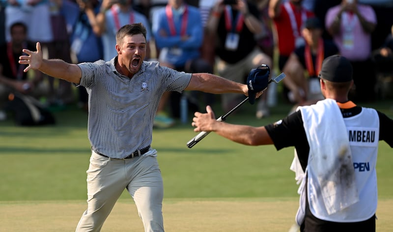 Bryson DeChambeau celebrates after his par putt on the 18th hole secured the 2024 US Open at Pinehurst in North Carolina. Photograph: Ross Kinnaird/Getty Images