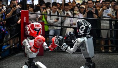 Humanoid robots controlled by a remote control by Unitree Robotics take part in a fight during the World Artificial Intelligence Conference (WAIC) in Shanghai on July 18, 2026. The foreground shows one robot on the left wearing a red helmet and boxing gloves and one robot on the right wearing black gear. The background shows a crowd of onlookers standing behind a boxing ring's ropes.
