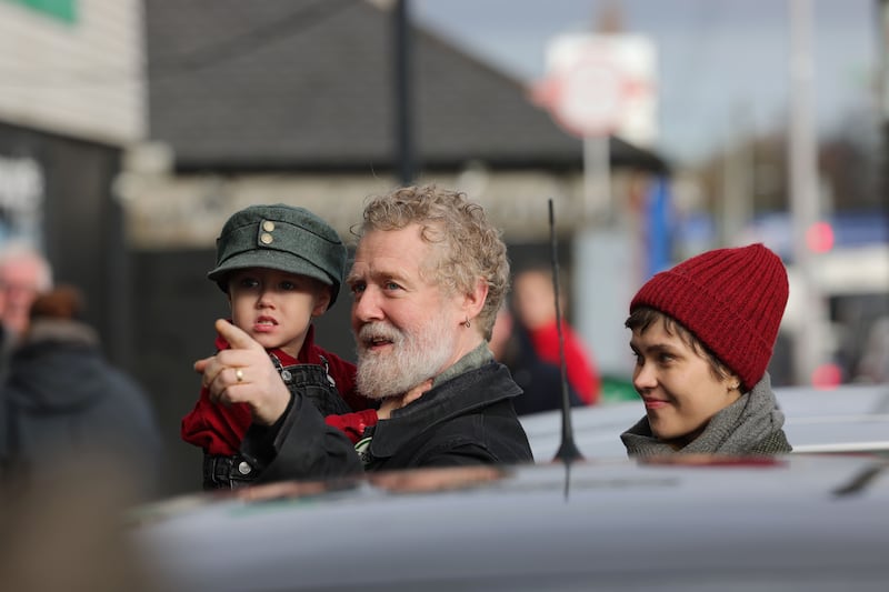 Glen Hansard with his son Christy and wife Marie at the unveiling of a commemorative plaque marking the home of playwright, poet and novelist Brendan Behan on Dublin's Russell Street. Photograph: Alan Betson/The Irish Times