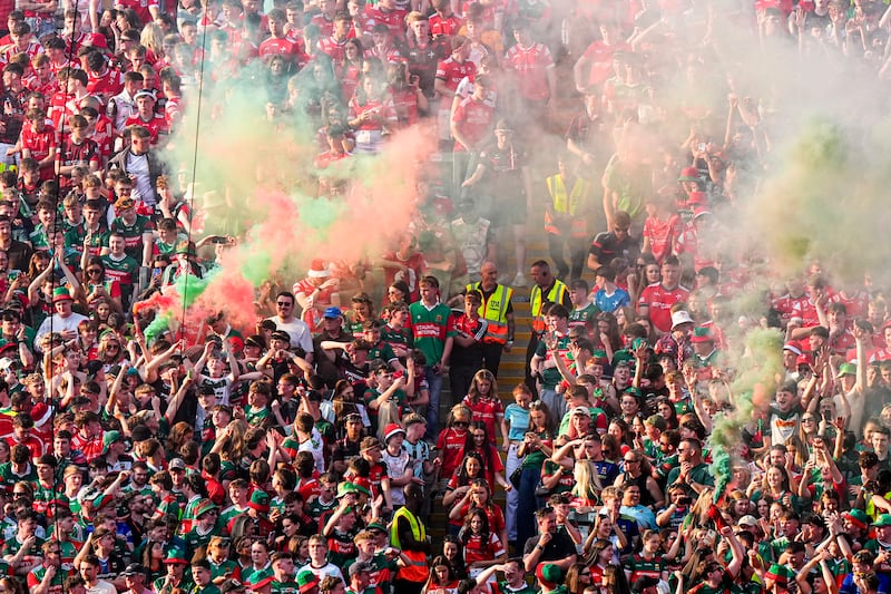 A view of Mayo fans celebrating at Croke Park for the match against Louth. Photograph: James Lawlor/Inpho