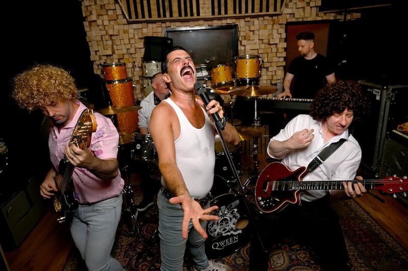 Qween: Eoghan O'Neill plays bass guitar, Graham Sheridan on drums, Brian Keville as singer Freddie Mercury, Thomas Brunkard as guitarist Brian May and James McGeehan on keyboard. Photograph: Bryan Meade for The Irish Times