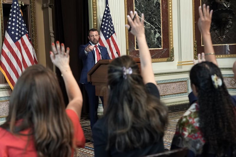  Markwayne Mullin, the homeland security secretary, takes questions during a news conference in Washington on Friday, July 17th, 2026. Photograph: Alex Kent/The New York Times