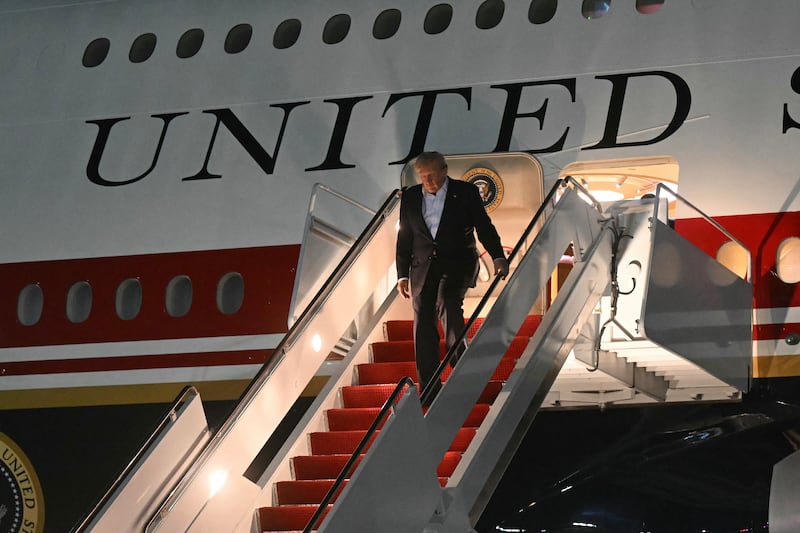 US president Donald Trump disembarks from Air Force One upon arrival at Joint Base Andrews, Maryland on Thursday. Photograph: Saul Loeb/AFP via Getty Images