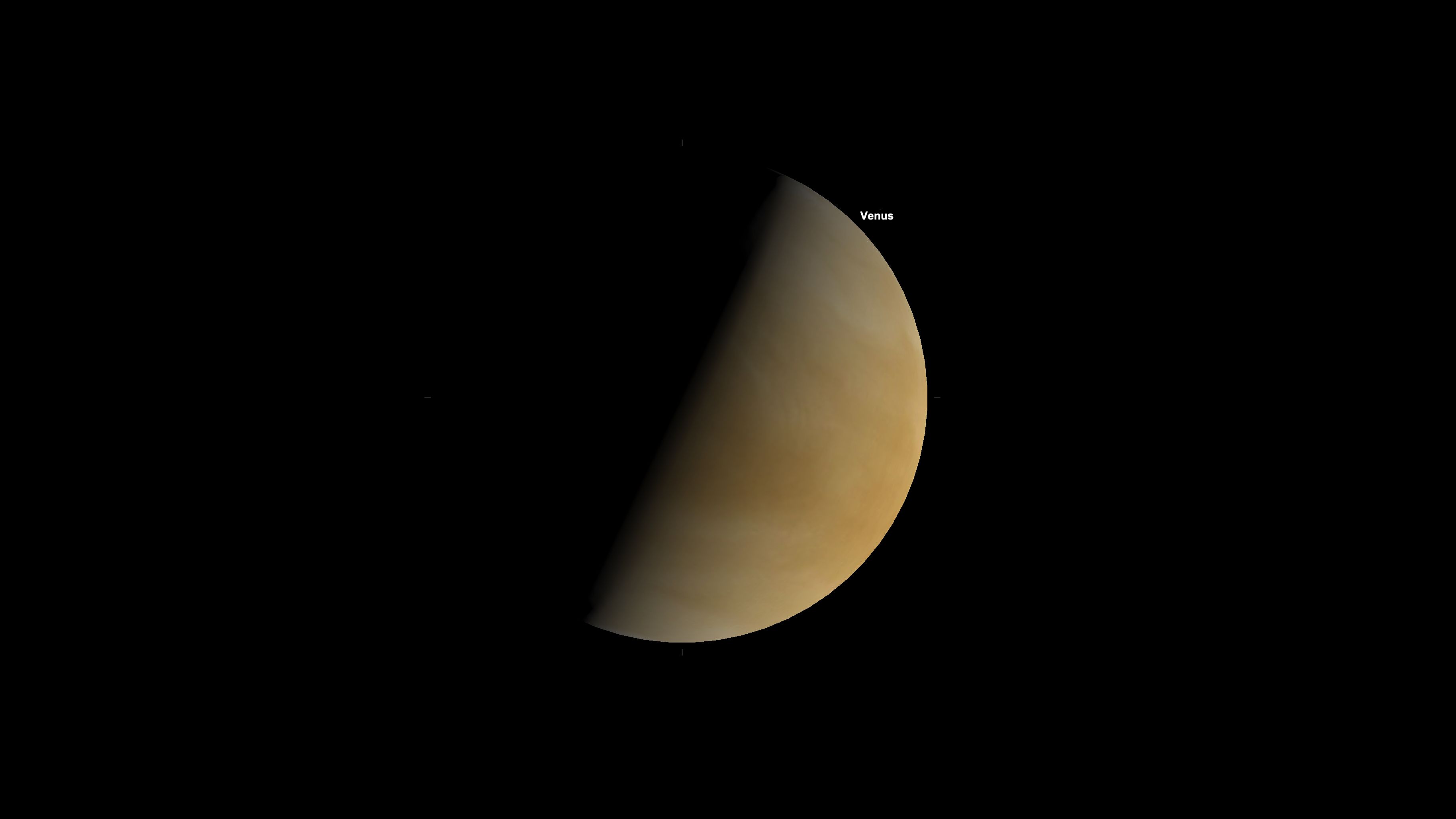A simulation of the planet Venus shown with its right side lit in a black sky.