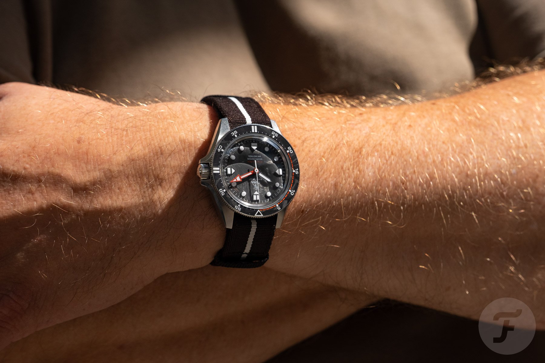 Yema Navygraf Barracuda CMM.20 Limited Edition on wrist, arms crossed