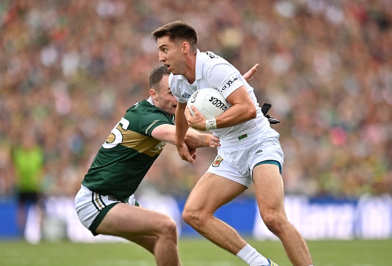 Enda Hession of Mayo in action against Dylan Geaney of Kerry during the All-Ireland Senior Football final at Croke Park