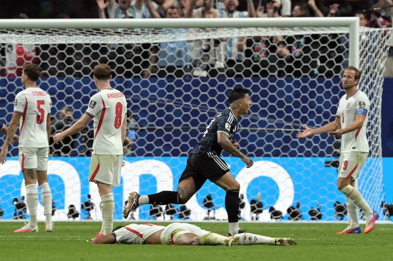 Argentina's midfielder Enzo Fernandez celebrates after scoring Argentina's first goal. Photograph: Juan Mabromata/AFP via Getty
