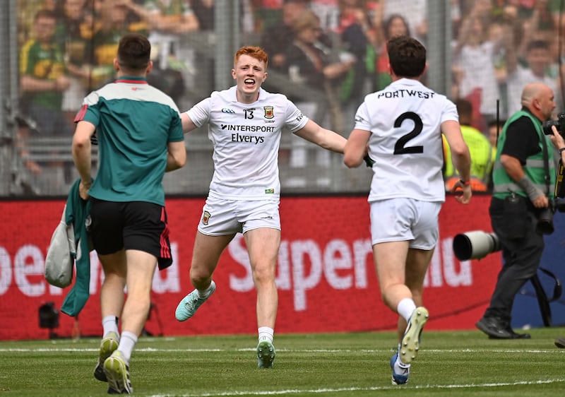 Mayo's Darragh Beirne and Jack Coyne celebrate after winning the All-Ireland Senior Football final against Kerry at Croke Park
