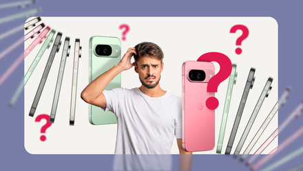 A confused man with several Google Pixel phones next to him and question marks around.
