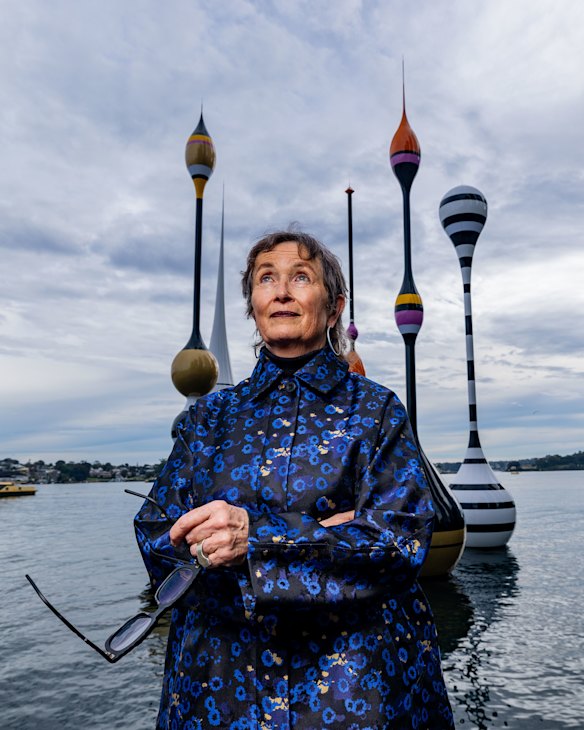 Artist Mikala Dwyer in front of her artwork, titled Monuments for Fishes, at Waterman’s Cove, in Barangaroo, Sydney.