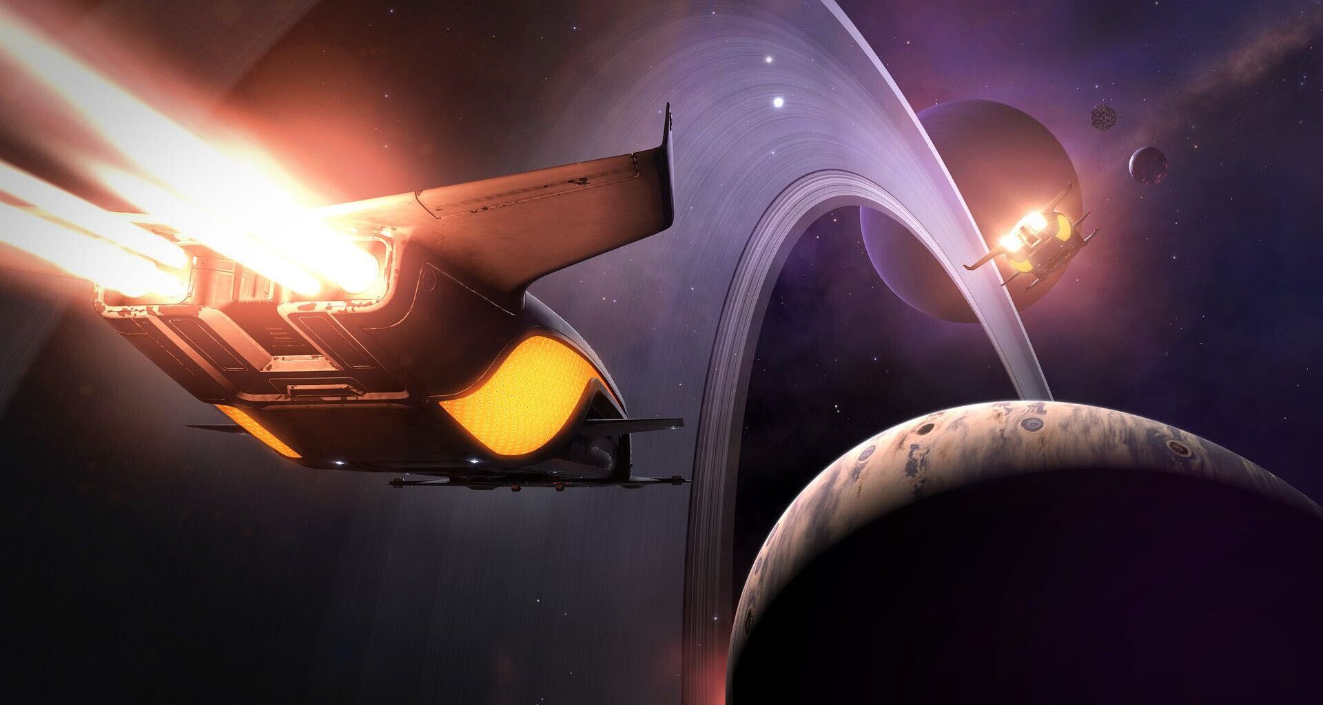 Screenshot from the space exploration game Elite Dangerous, showing a spaceship flying towards a gas giant with several other planets visible behind.