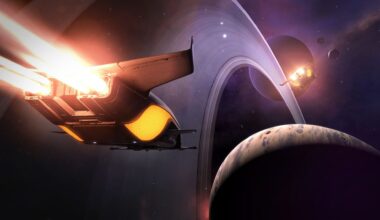 Screenshot from the space exploration game Elite Dangerous, showing a spaceship flying towards a gas giant with several other planets visible behind.