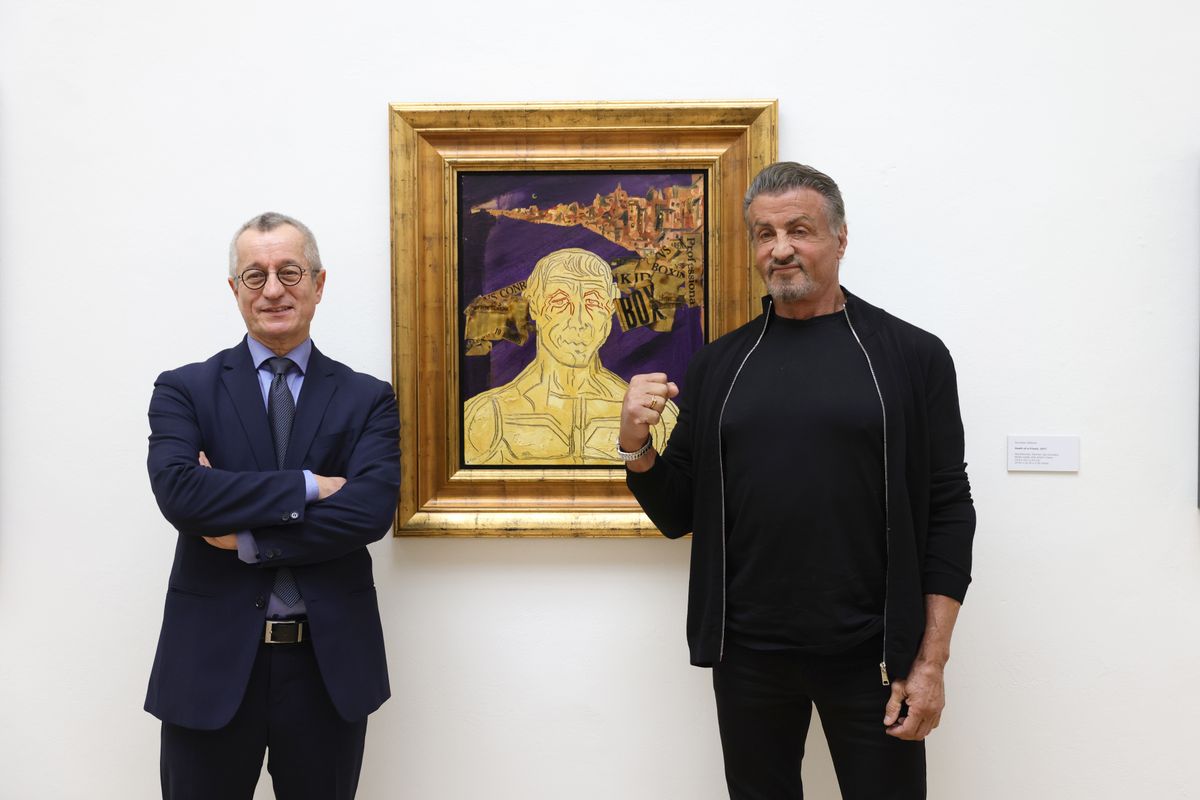 Many of Stallone's paintings feature symbolic references to fame, time and the emotional weight of public life.