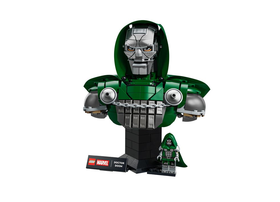 lego marvel doctor doom bust and minifigure set with green and silver details